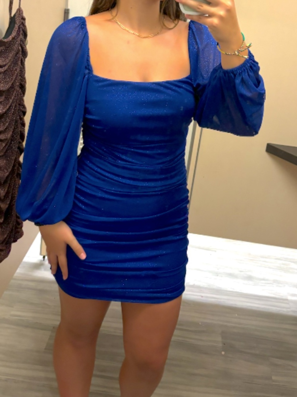 Ruched Glitter Royal Blue Bodycon Square Neck Long Sleeve Dress-Size 9/10